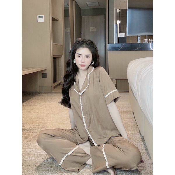 Bộ đồ ngủ pijama tay ngắn quần dài quần đùi chất vải đũi phối ren xốp siêu mịn mát kiểu dáng dễ thương trơn