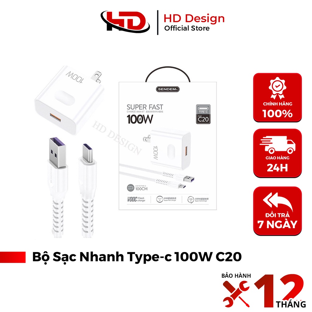 Bộ Sạc Nhanh Type-C 100W C20 Dùng Cho Androi - Chính Hãng HD DESIGN - Không Nóng Máy - Chắc Chắn