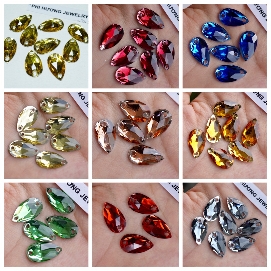 Gói 50 hạt đá giọt nước tráng bạc size 7x12mm, 10x18mm nhiều màu đính kết quần áo