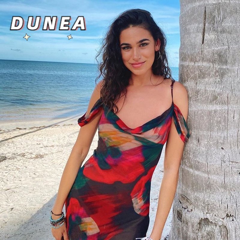 DUNEA Đầm hai dây lưng cao in họa tiết thời trang cho nữ