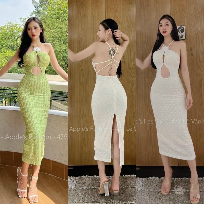 Đầm váy dài xốp ôm body khoét ngực cổ yếm đan dây hở lưng trắng/xanh lá, đồ đi chơi dự tiệc sang trọng quyến rũ gợi cảm
