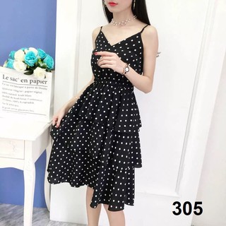 Đầm thun cát hàn 2 dây chân váy 3 tầng chấm bi 305