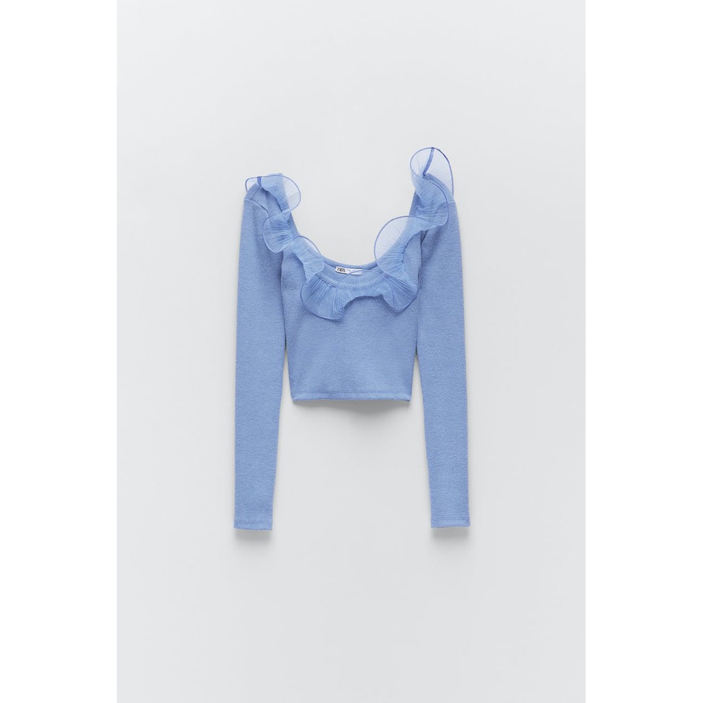 Zara Đức - Áo thun sale auth new tag cao cấp chính hãng cổ thuyền vuông organza bèo tay dài nữ xanh baby blue