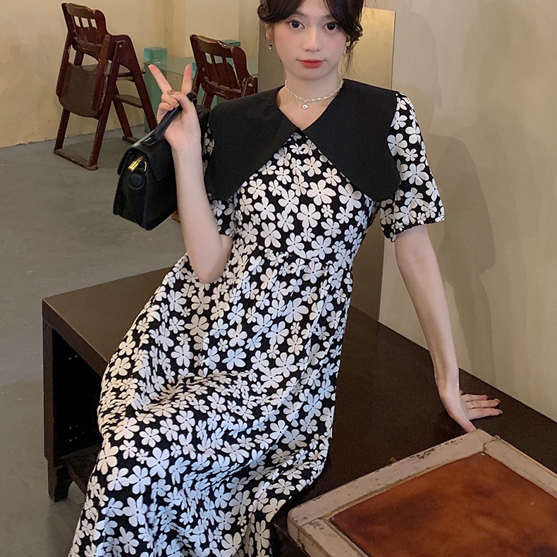 Đầm SUXI thiết kế dáng dài tay ngắn cổ búp bê rộng thời trang mùa hè cho nữ