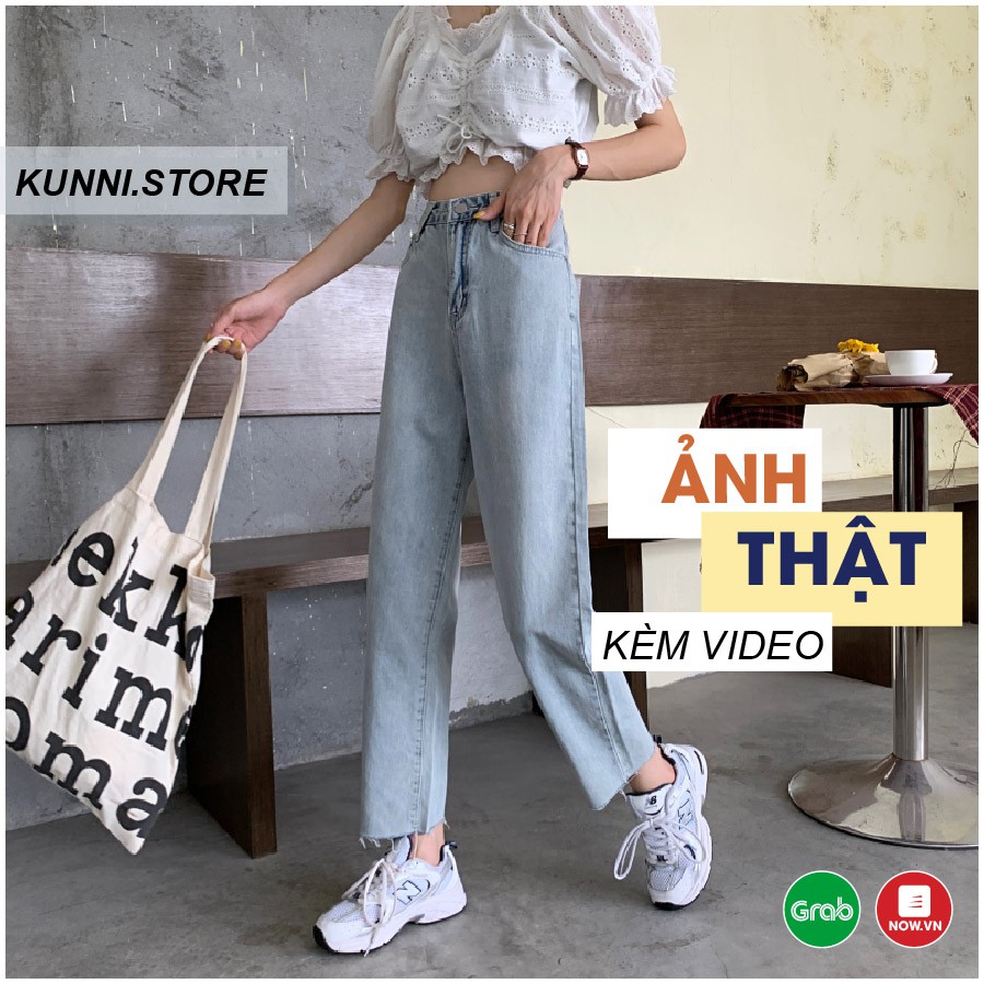 Quần baggy jean trơn dáng suông cạp cao màu xanh trơn chất dày dặn phong cách ulzzang cao cấp