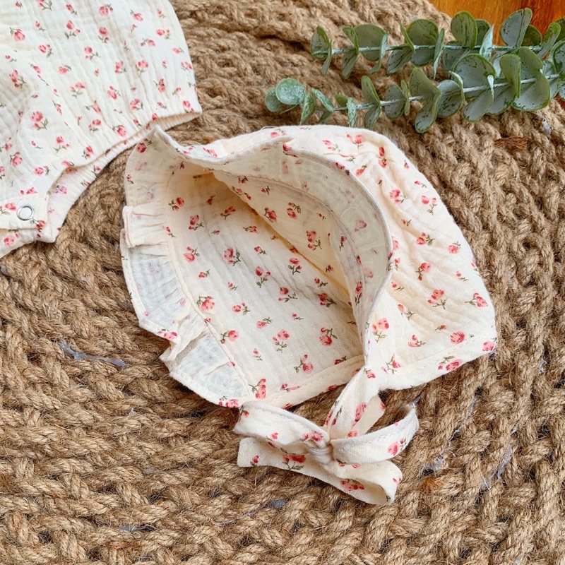 Body xô muslin cánh tiên hoa hồng nhí kèm mũ cho bé gái (hàng may thủ công )