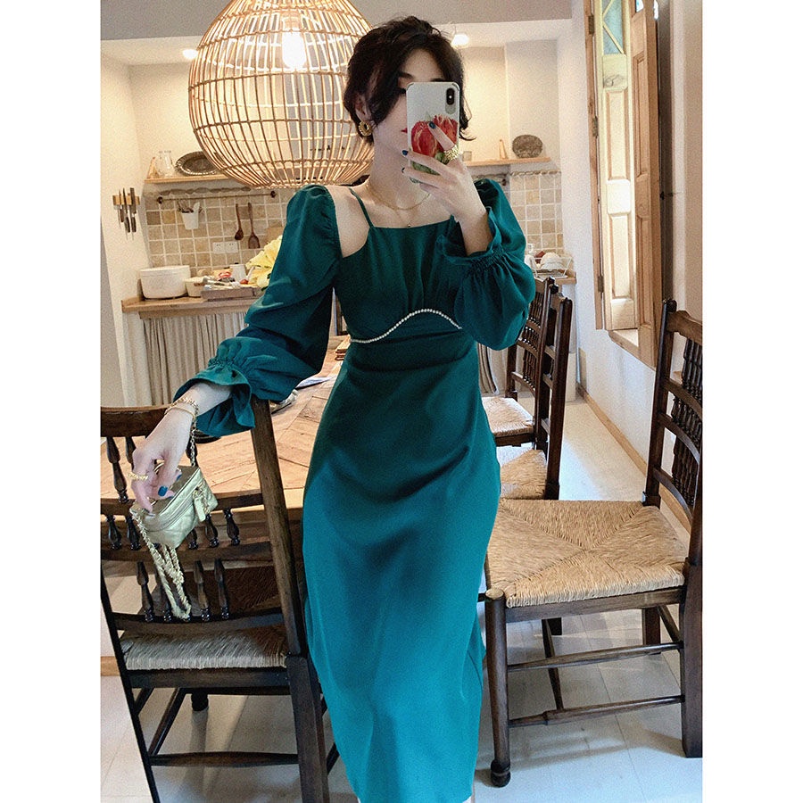 Đầm Dài Eo Cao Tay Dài Đính Ngọc Trai Lãng Mạn Mùa Thu Phong Cách Pháp Cổ Điển Cho Nữ