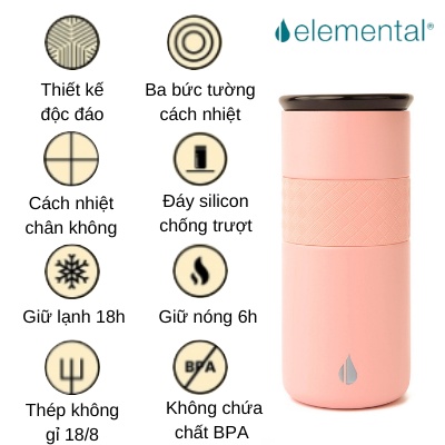 Ly giữ nhiệt Elemental 480ml màu hồng, giữ nhiệt vượt trội, inox 304,giá tốt