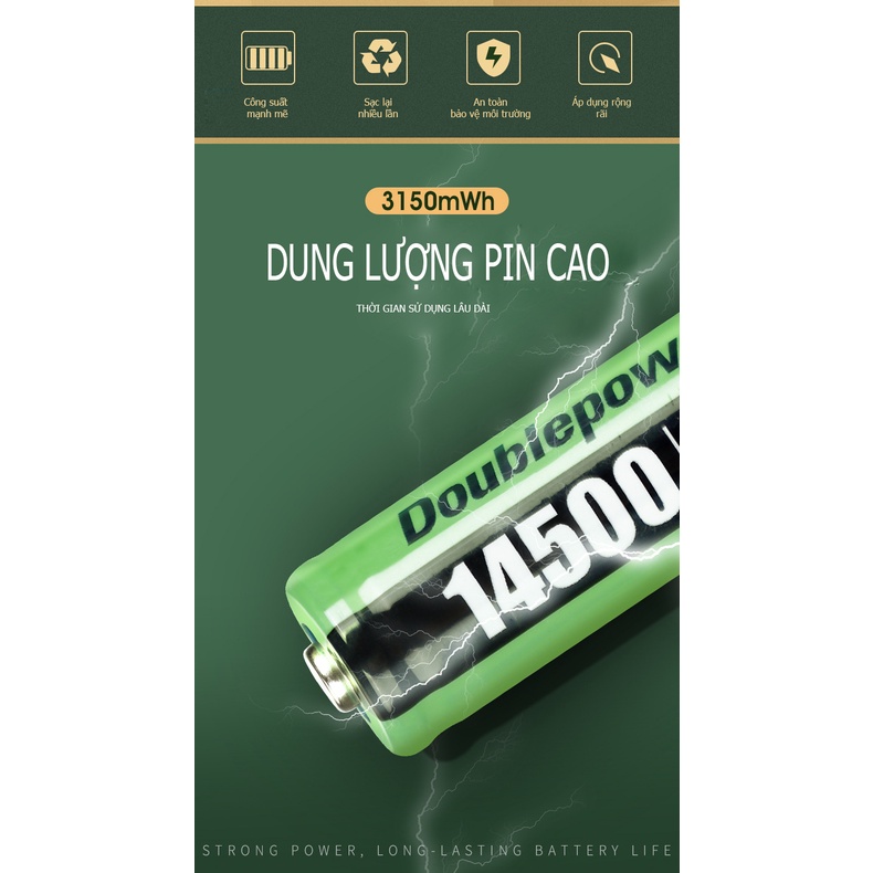 Pin sạc 14500 3,7V Lithium 3150mWh công suất cao chính hãng Doublepow
