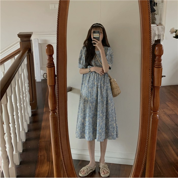 Đầm - váy babydoll hoa nhí ngắn tay bo chất vải thô,  Đầm - váy babydoll hoa nhí chất vải thô 2 màu xanh trắng