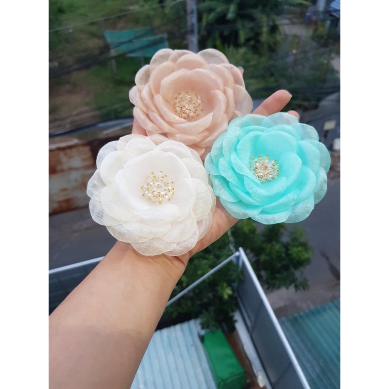 Hoa voan cài áo handmade cao cấp nhiều màu giá sỉ [HANN- Hoa cài áo, pk thời trang]