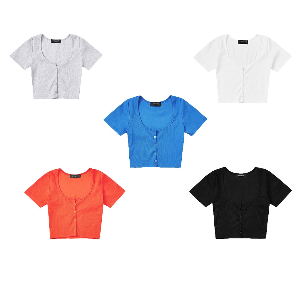 Usthebasic - Áo Croptop nữ ngắn tay chất liệu thun gân Button Front Croptop