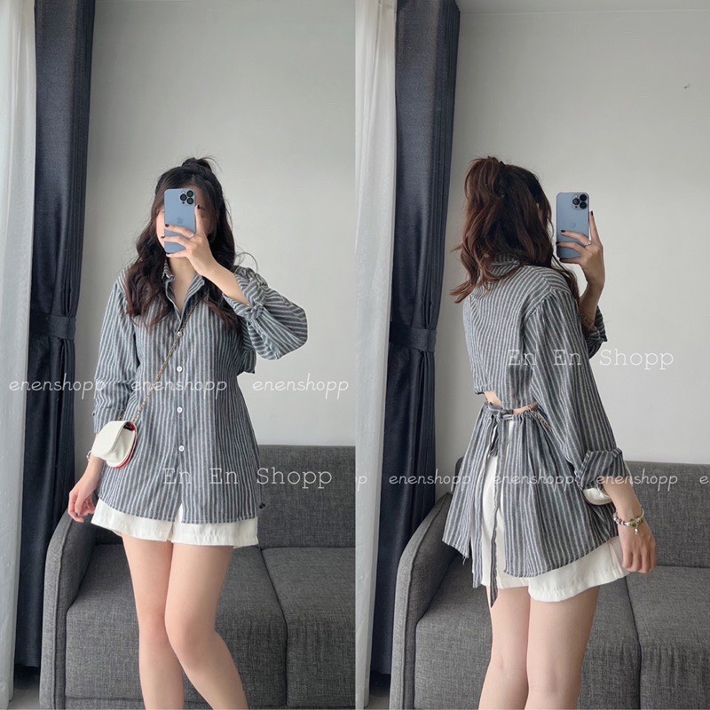 Áo sơ mi tay dài sọc kẻ hở lưng / Áo kiểu nữ thiết kế cổ bẻ phom rộng bigsize màu đen xanh dễ phối đồ_ranstore