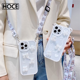 Hoce Hàn Quốc Ốp Lưng Điện Thoại Tai Gấu 3D Dễ Thương Cho IPhone 16 13 12 11 14 15 Pro Max X XS XR 7 8 15 Plus Dây Đeo Tay Pha Lê Vỏ Mềm Chống Sốc