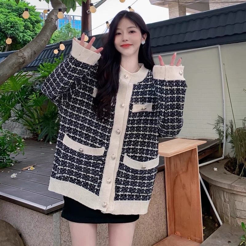 Áo Khoác Len Cardigan Kẻ Caro Viền Cực Xinh
