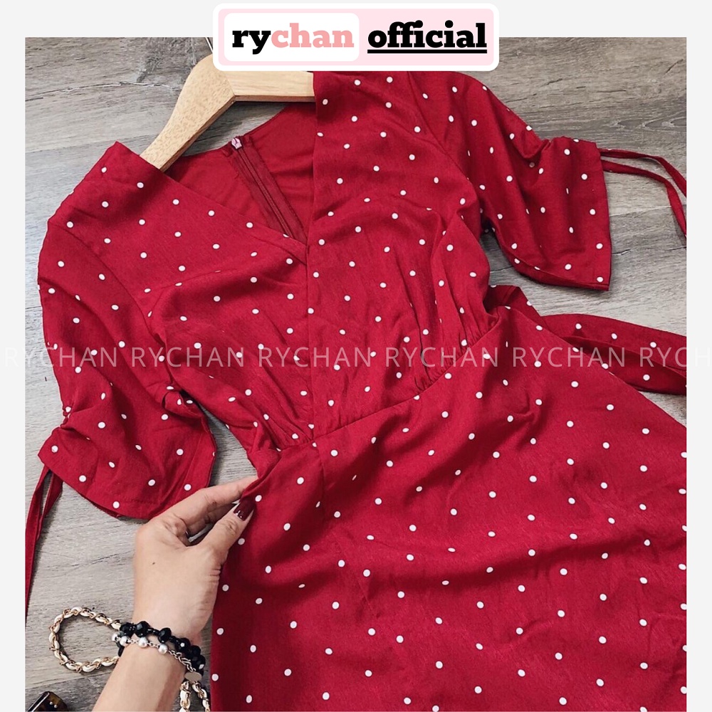 Đầm Đi Du Lịch Biển Maxi Bi Đắp Chéo Xẻ Tà Cổ V Tay Rút Dây Hai Màu Vàng Đỏ - DM693
