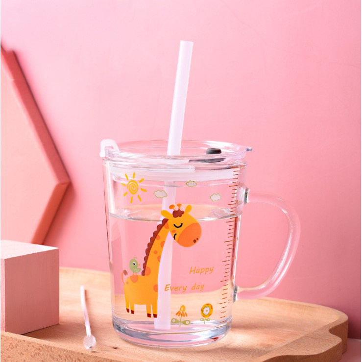 Cốc thủy tinh/ cốc tập uống sữa cho bé cao cấp, kèm 2 ống hút và cọ rửa