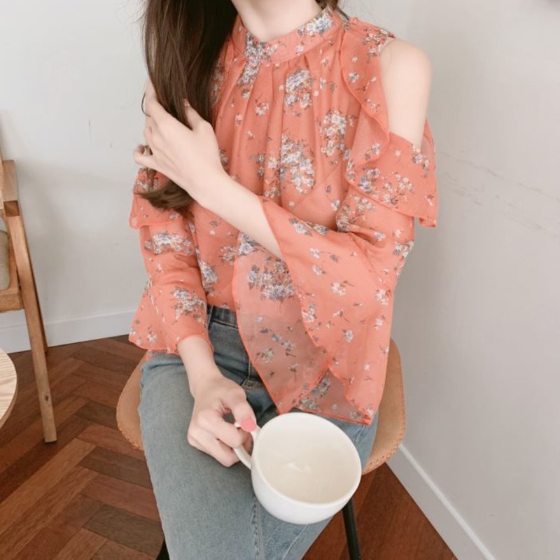 Áo Sơ Mi Trễ Vai In Hoa Xinh Xắn Cho Nữ 165684 Áo Sơ Mi Nữ Tay Dài Loe Họa Tiết Hoa Thời Trang