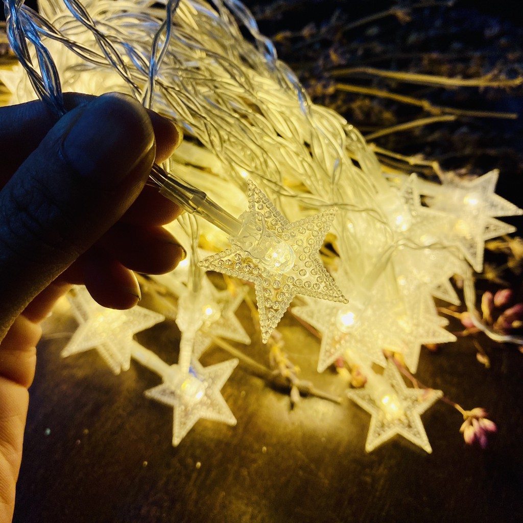 (Xài Pin AA) Dây Đèn Led Ngôi Sao 6 Mét 40 Bóng Vàng Nắng, Nhấp Nháy Và Đứng Yên, Trang Trí Noel, Quán Cafe