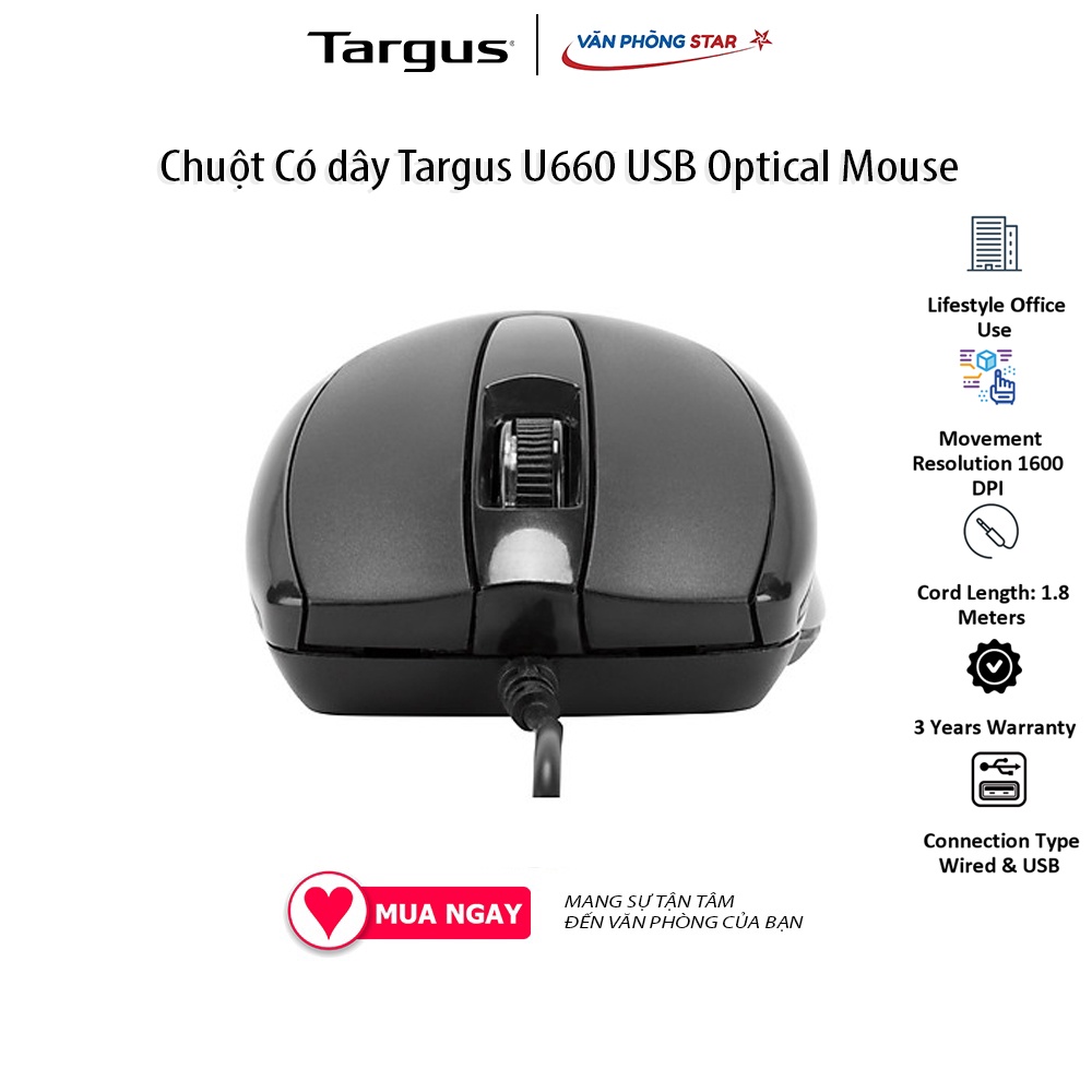 Chuột Có dây Targus U660 USB Optical Mouse. Độ phân giải 1600 DPI. 3 nút điều khiển. Kết nối USB chính hãng Vanphongstar