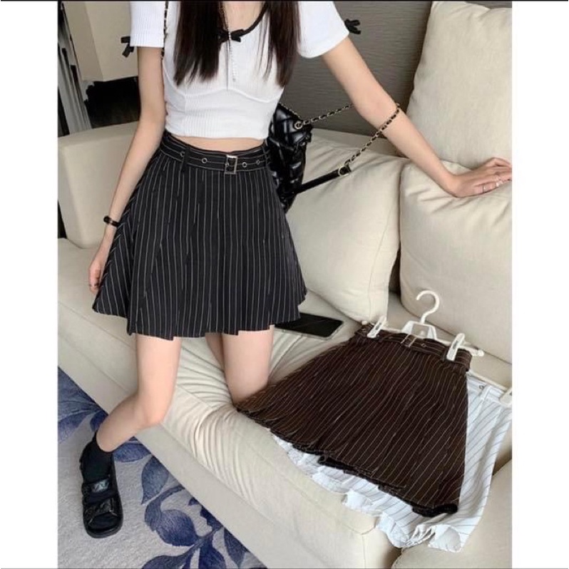 Chân váy xếp ly nữ ngắn lưng cao xoè kẻ sọc phối dây thắt lưng - Order taobao quảng châu