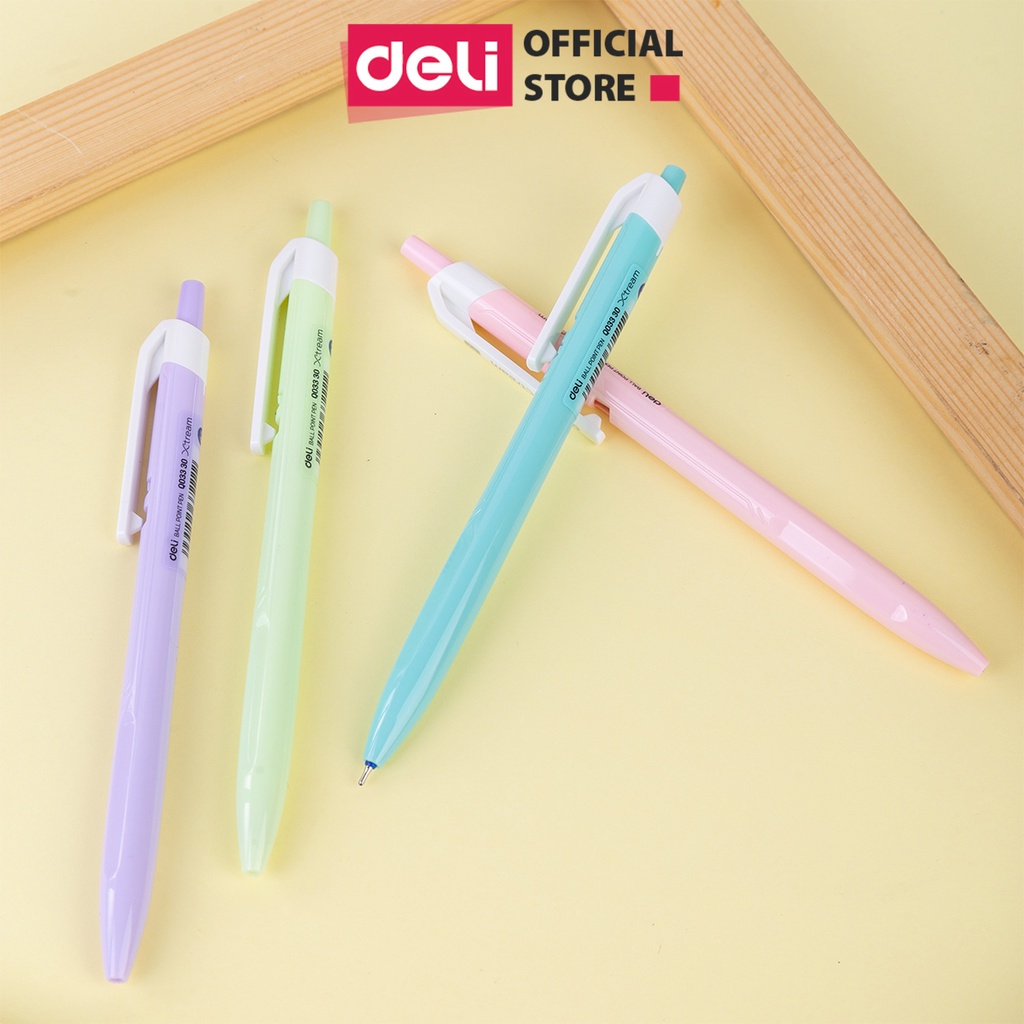 Bút bi bấm văn phòng mực xanh ngòi 0.7mm Deli giá rẻ viết nét đều trơn tru - Hộp 12 chiếc - EQ03330