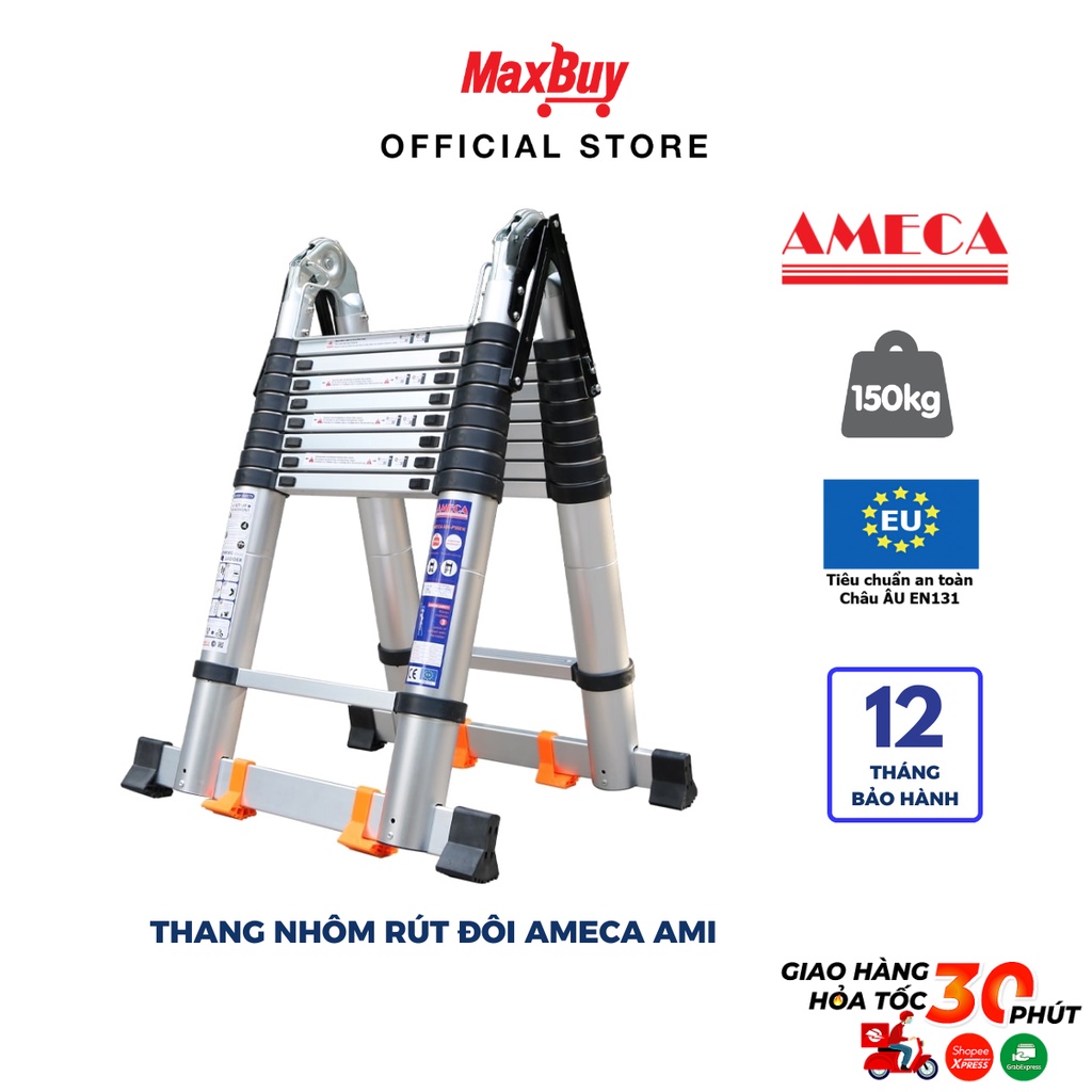 Thang nhôm rút đôi chữ A AMECA AMI gấp gọn tiện lợi bảo hành chính hãng 18 tháng