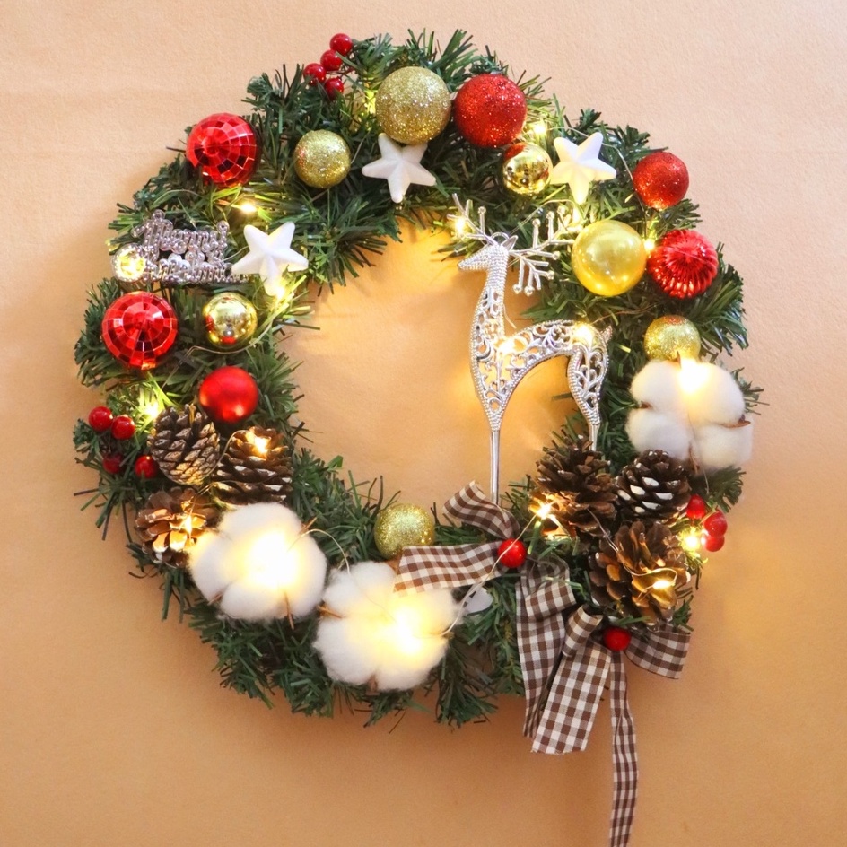 Vòng Hoa Trang Trí Noel D59 size 30cm Tặng Kèm Đèn Vòng Nguyệt Quế Giáng Sinh