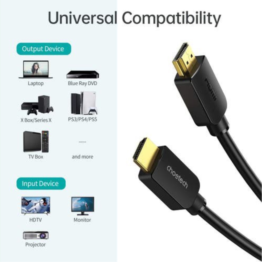 Dây Cáp HDMI 2.1 CHOETECH XHH03-BK Dài 2M Phân Giải Tối Đa 8K 48Gbps, 4K 120Hz  - Hàng Chính Hãng