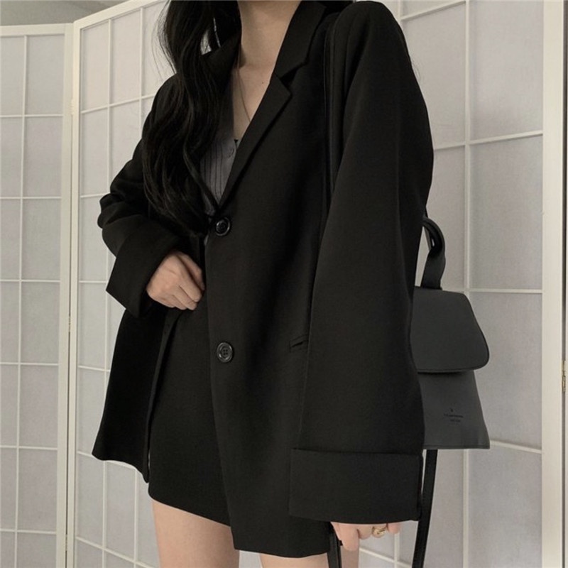 Xiaozhainv Áo khoác blazer dáng rộng tay dài màu đen phong cách Hàn Quốc cá tính thời trang cho nữ | BigBuy360 - bigbuy360.vn