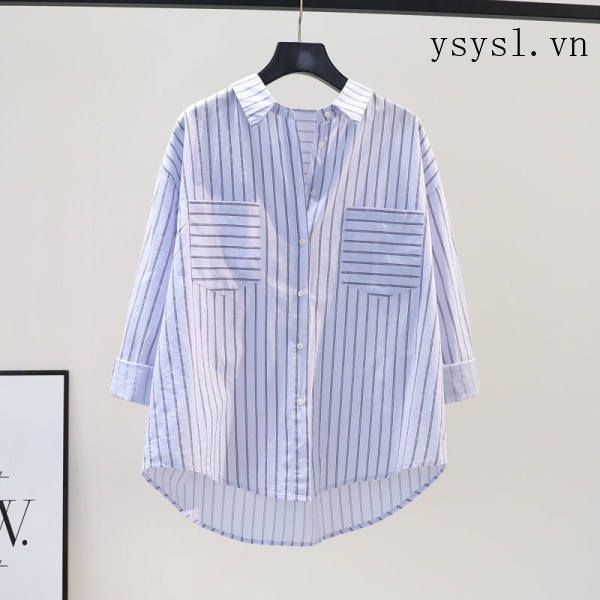 Áo Sơ Mi Cotton Dáng Rộng Kẻ Sọc Dọc Màu Xanh Dương Nhạt Phong Cách Mới Mùa Xuân 2022 Dễ Phối Đồ Cho Nữ