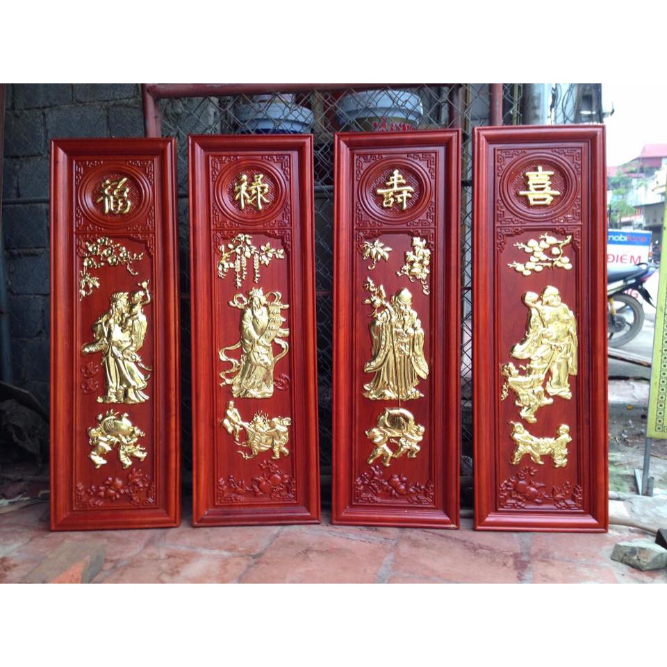 Tranh tứ quý tích tùng cúc trúc mai gỗ hương dát vàng