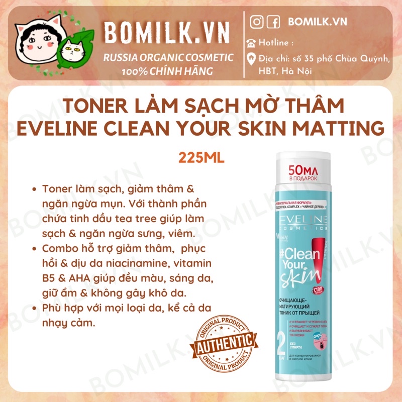 Toner acid Clear your Skin Trà xanh Eveline - làm sạch. giảm thâm và giữ ẩm