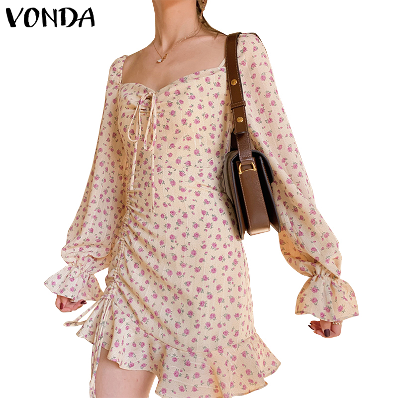 Đầm Vonda Tay Dài Hoạ Tiết Hoa Thiết Kế Dây Rút Phong Cách Hàn Quốc