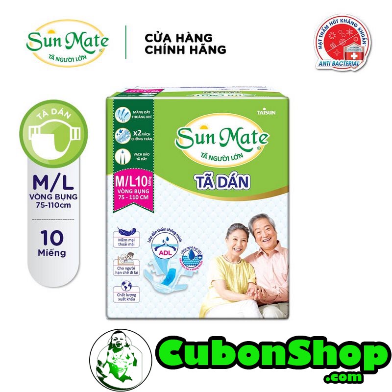 Tã dán(Bỉm) người già và phụ nữ sau sinh Sunmate M-L-XL( Bịch 10 miếng)