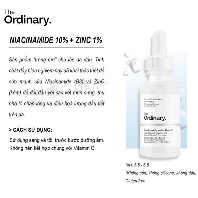 Tinh chất The Ordinary Niacinamide 10% + Zinc 1% serum giảm mụn, mờ thâm bản Canada