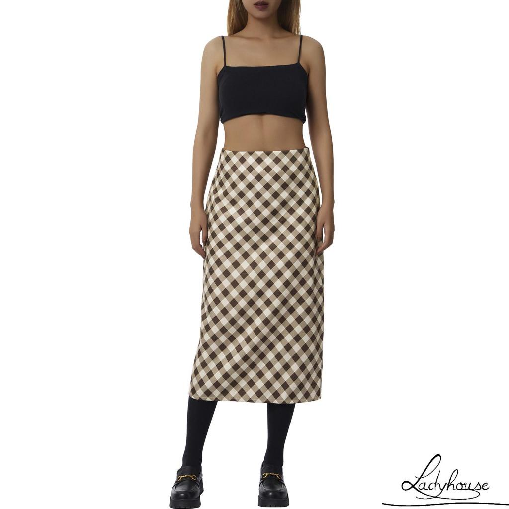 Chân váy dài lưng cao in họa tiết caro màu nâu thời trang size S/ M/ L cho nữ
