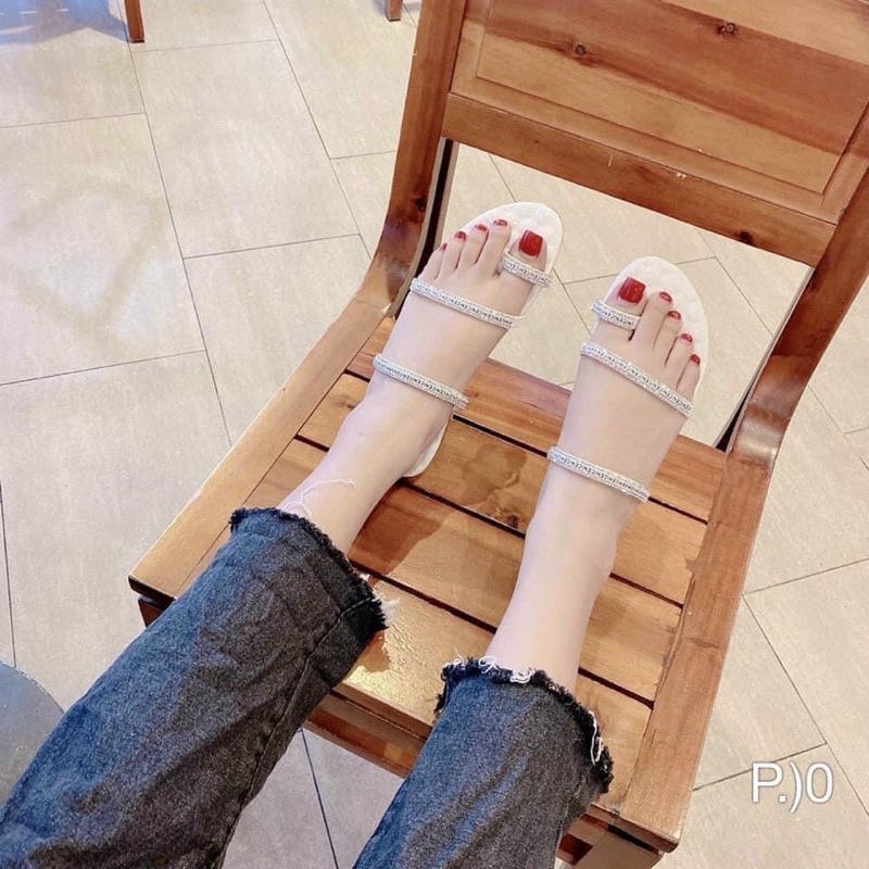 { Hình thật } Dép xỏ ngón đính đá 3 dây đế massage chống trượt