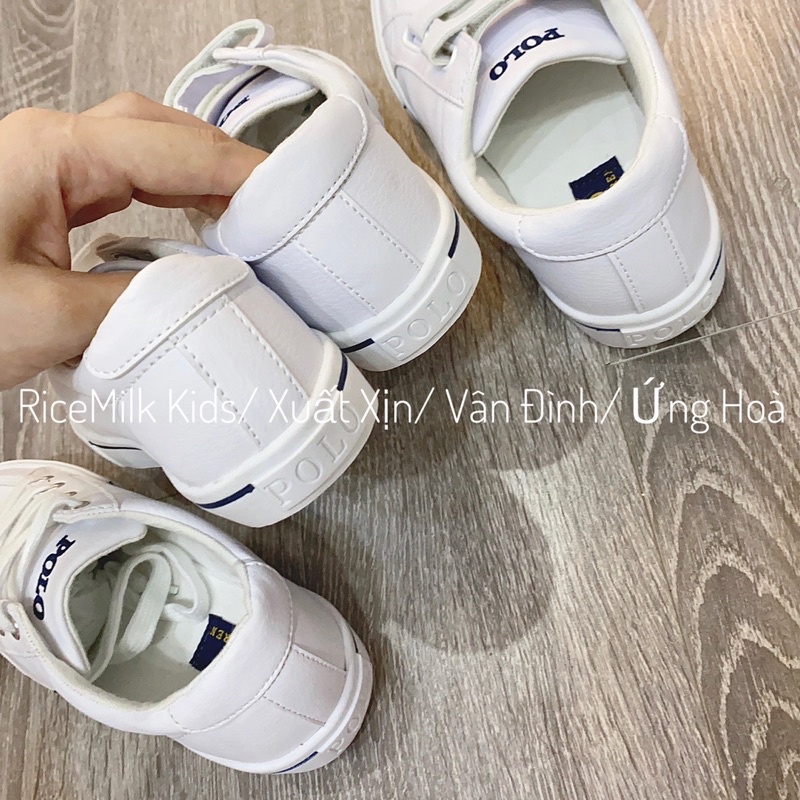 Giày Da thêu logo polo màu trắng xuất dư cho mẹ và bé