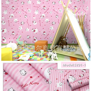 10M GIẤY DÁN TƯỜNG KITTY DỌC HỒNG (10m x 45cm /cuộn) 5291-1.decal trang trí.decor phòng.