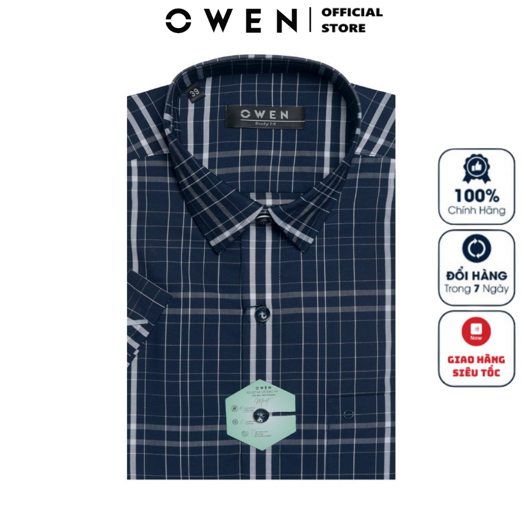Áo Sơ Mi Nam Ngắn Tay OWEN BA220225NT Somi Công Sở Cao Cấp Kẻ Caro Ghi Đậm Trắng Vải Bạc Hà Dáng Suông Tà Bằng Có Túi