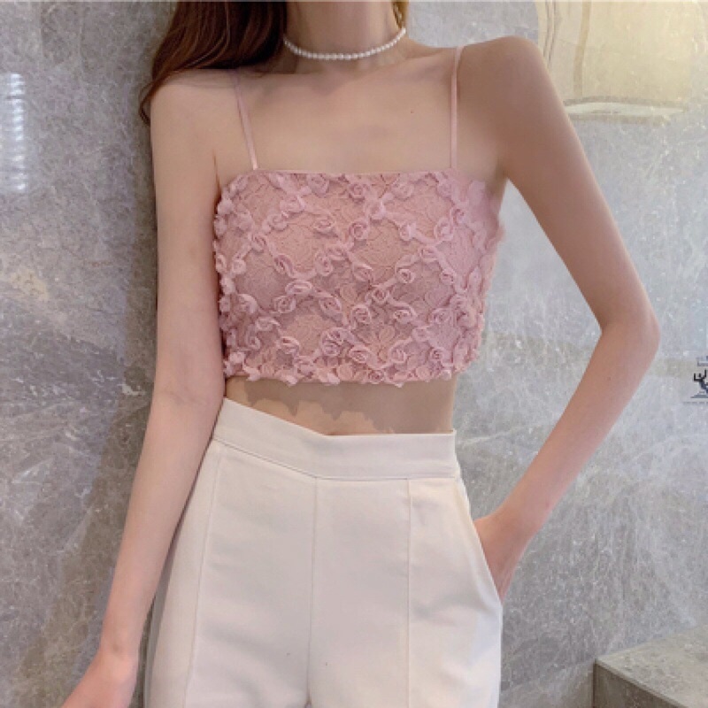 áo 2 dây croptop ren hoa hồng siêu xinh - Áo bra quây crop xinh xắn màu hồng đen trắng mặc cùng vest đẹp