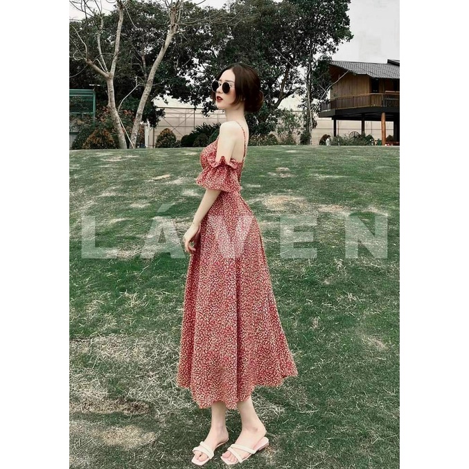 Váy đầm nữ dáng xòe hia dây trễ vai họa tiết dễ thương