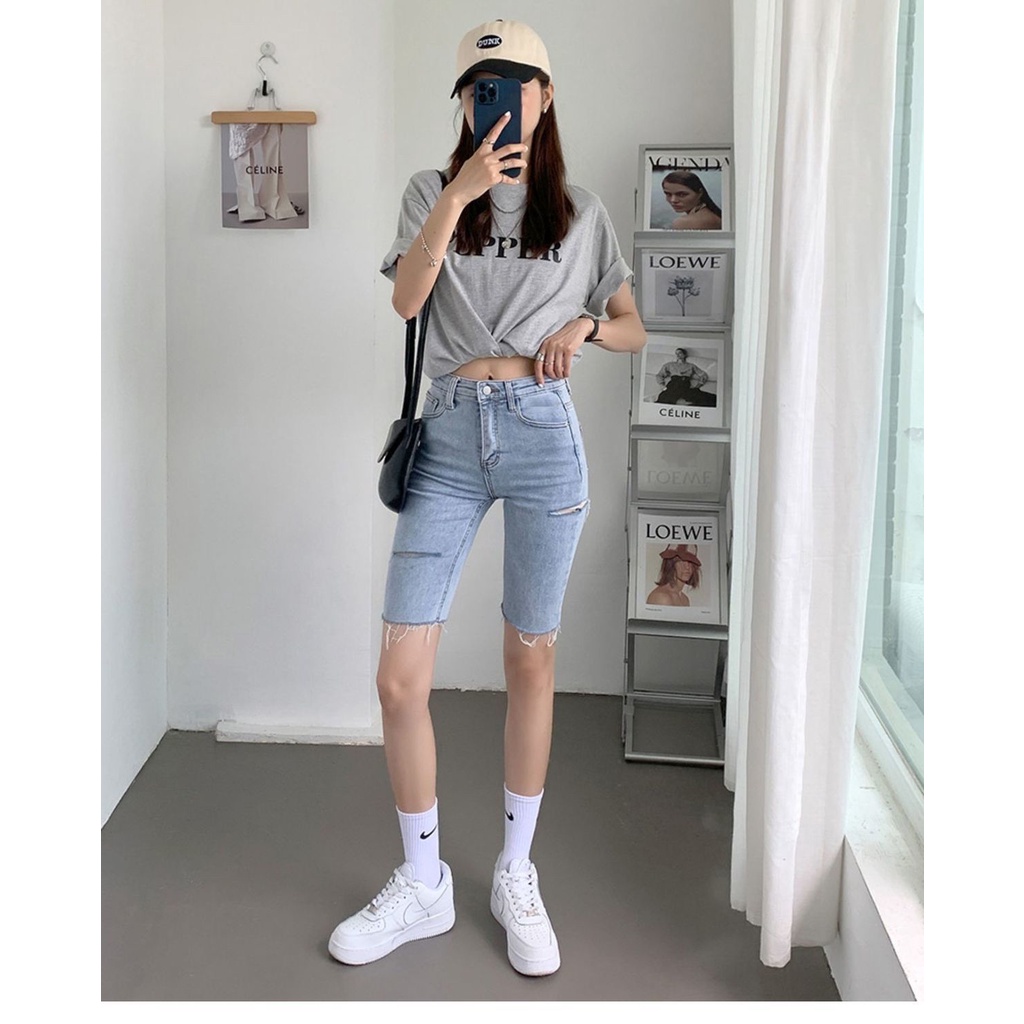 Quần Short denim Lưng Cao Co Giãn Ống Suông Thời Trang Mùa Hè 2022 Cho Nữ