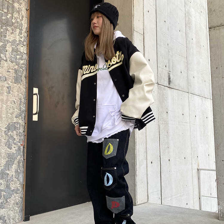 Áo Khoác Bóng Chày Phối Da Dáng Rộng Thêu Chữ Phong Cách Retro | BigBuy360 - bigbuy360.vn