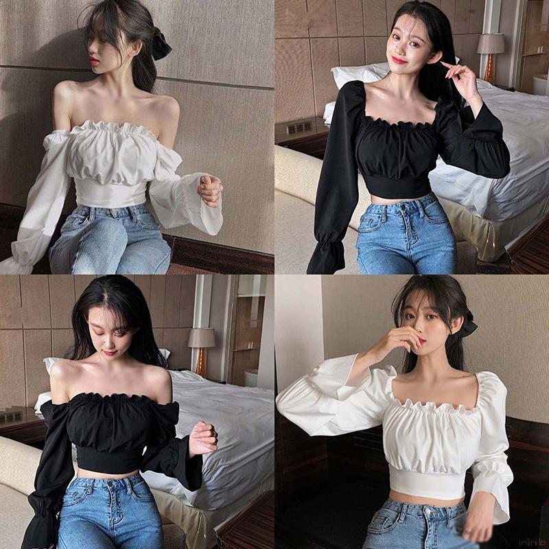 Áo ngắn hở rốn tay dài và phồng trễ vai màu trơn gợi cảm thời trang Hàn Quốc cho nữ Croptop