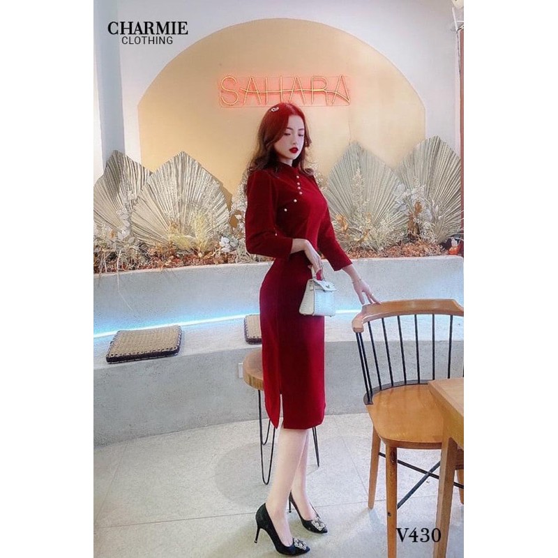 Đầm nữ thiết kế đầm nữ nhung đỏ sườn xám mặc diện tết dự tiệc dạo phố cực xinh [SX Tay Dài] | BigBuy360 - bigbuy360.vn