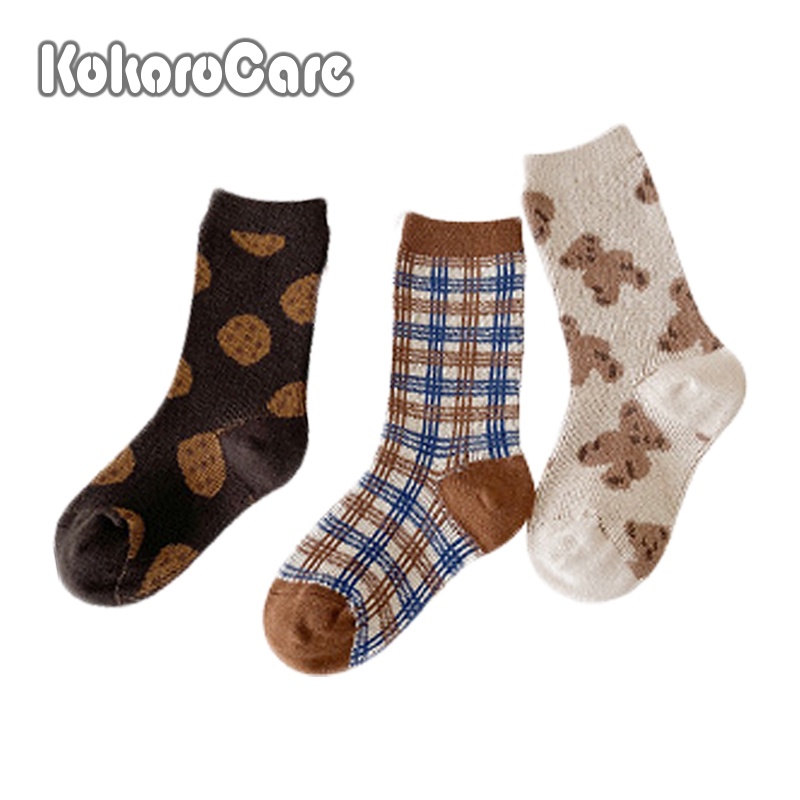 Set 3 đôi tất KOKOROCARE ống trung bình họa tiết kẻ sọc / gấu dễ thương thời trang mùa thu MSW-45 2022 1-12 tuổi