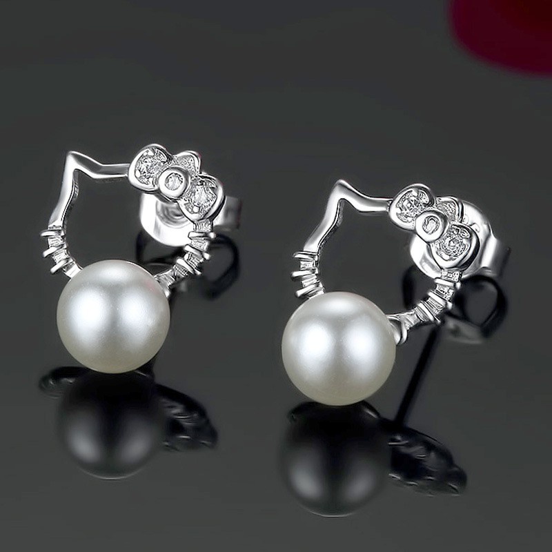 Bông Tai Mạ Bạc 925 Hình Hello Kitty Đính Ngọc Trai Xinh Xắn
