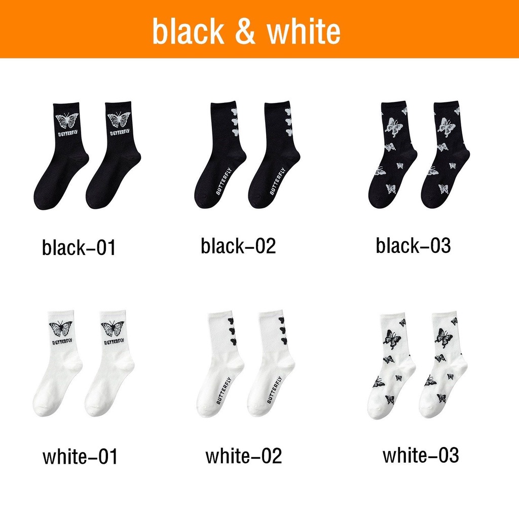 Vớ màu trắng/đen in họa tiết bướm phong cách hip hop thời trang dành cho bạn nữ